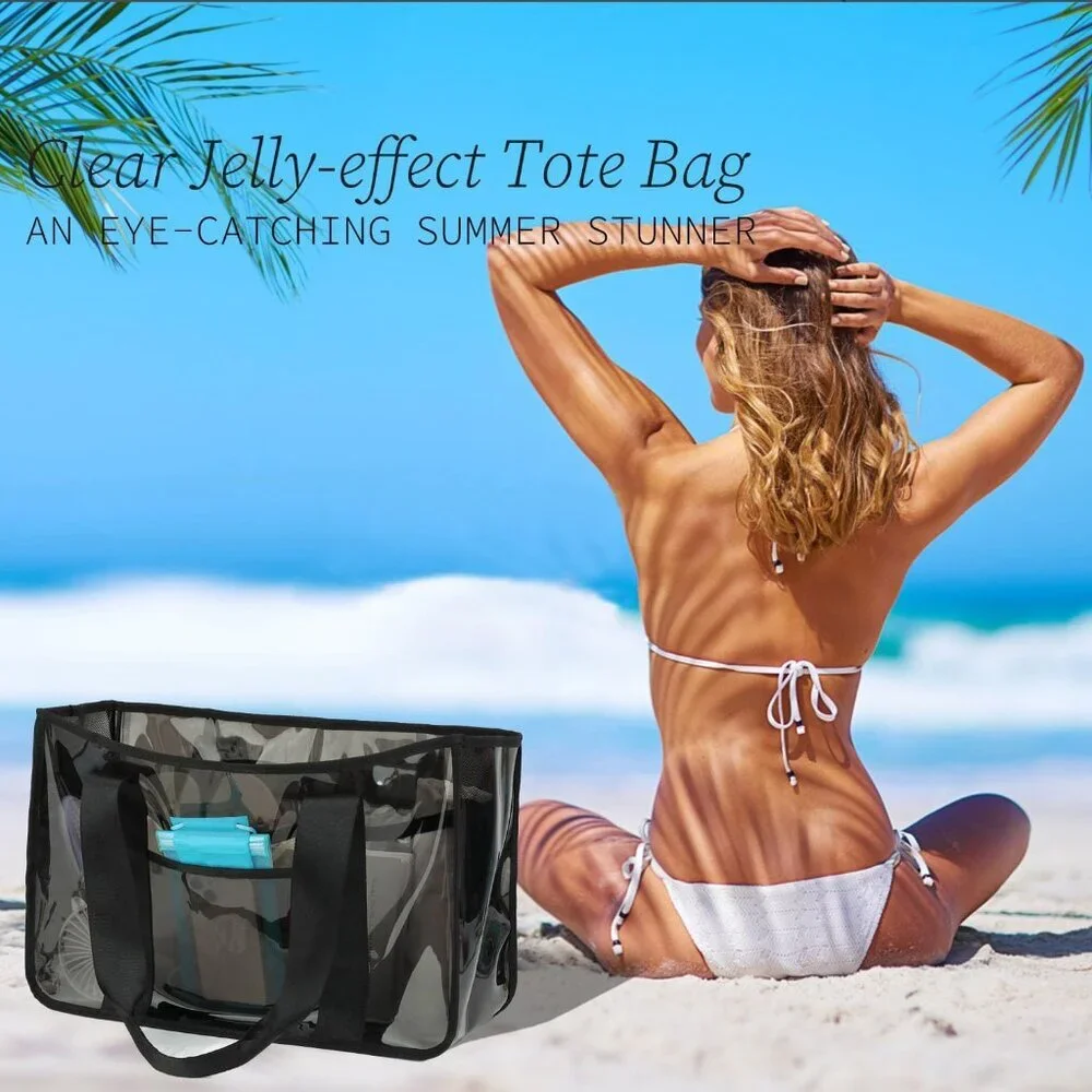 Durable Clear Beach Bag with Zipper - Large Jelly Black Tote for Every Adventure - Picture 3 of 7